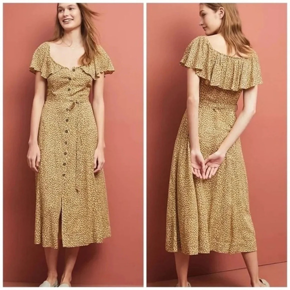 Anthropologie Bolano Leopard Print Romantic Ruffle Shoulder Dress Size 12 Large - Picture 4 of 9